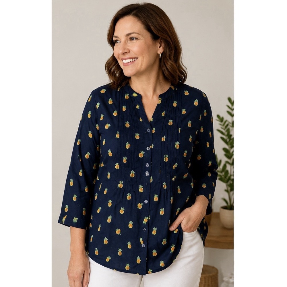 Coldwater Creek Petite Large Navy Pineapple Print Button Front Blouse 3/4 Sleeve